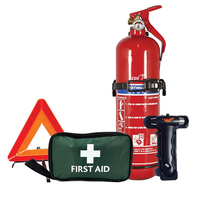 Safety Bundle 2: First Aid Kit, Fire Extinguisher, Life Hammer & Warning Triangle